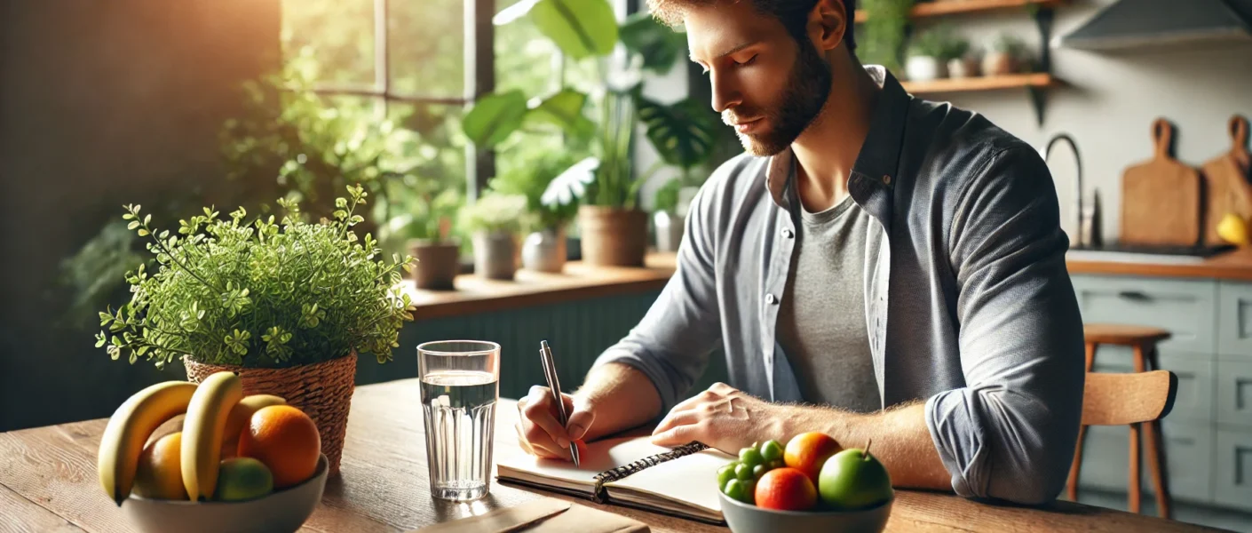 Dall·e 2025 04 23 17.54.54 a realistic horizontal image of a man sitting at a kitchen table during a peaceful morning. he has one glass of water, a bowl of fruit, and a notebook