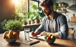 Dall·e 2025 04 23 17.54.54 a realistic horizontal image of a man sitting at a kitchen table during a peaceful morning. he has one glass of water, a bowl of fruit, and a notebook