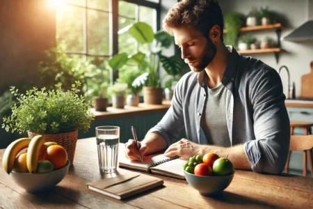 Dall·e 2025 04 23 17.54.54 a realistic horizontal image of a man sitting at a kitchen table during a peaceful morning. he has one glass of water, a bowl of fruit, and a notebook