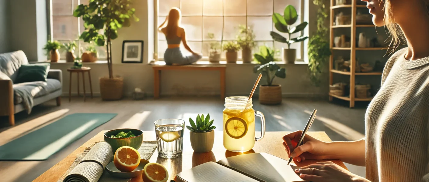 Person is sitting by a window with warm sunlight, drinking lemon water and jo
