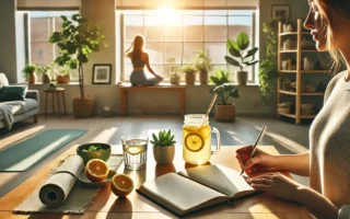 Person is sitting by a window with warm sunlight, drinking lemon water and jo